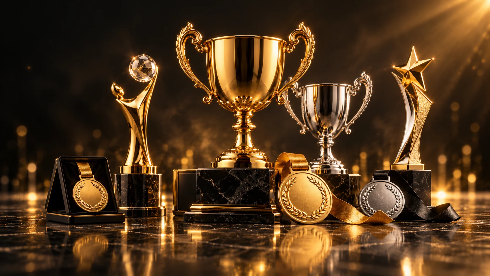 Puchar na podium w świetle reflektorów